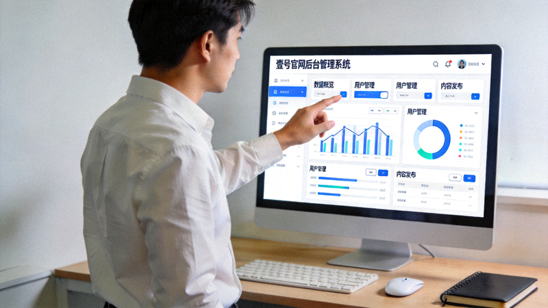 技术人员在电脑前展示壹号官网全新后台管理系统界面