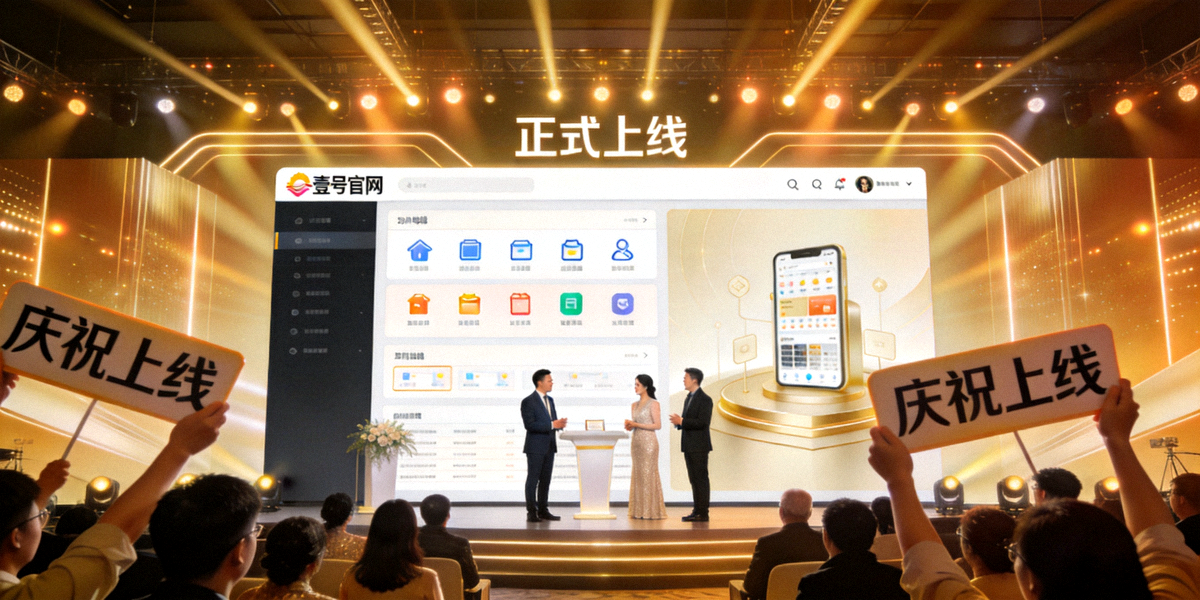 壹号官网正式上线庆典活动现场，背景是巨大的屏幕显示着全新平台界面