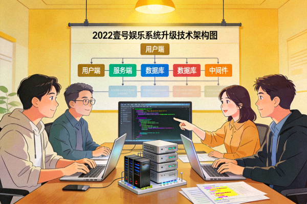 2022年壹号娱乐技术团队进行系统升级的工作场景，展示技术架构图