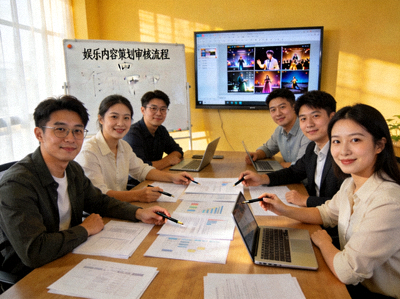 壹号娱乐内容团队正在策划和审核娱乐内容的会议场景